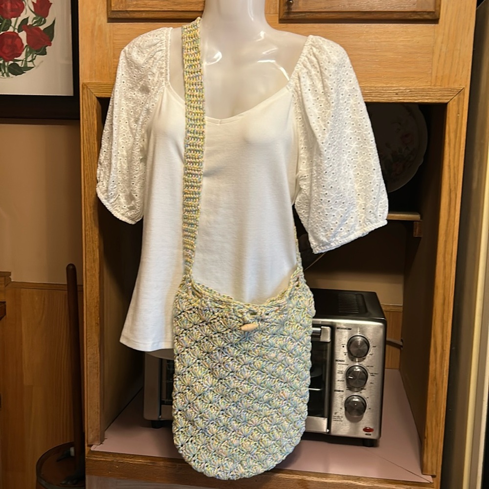 Handcrafted Cross Body Crochet Woven Shoulder Bag - Green Blue Pink and Yellow - Picture 10 of 10